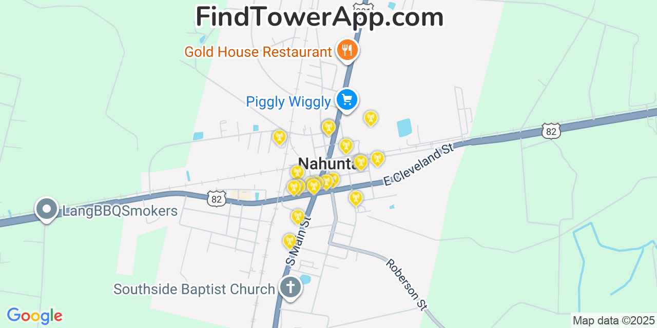 Map showing the 20 primary cell tower locations detected in Nahunta, Georgia from AT&T, Verizon, and T-Mobile networks