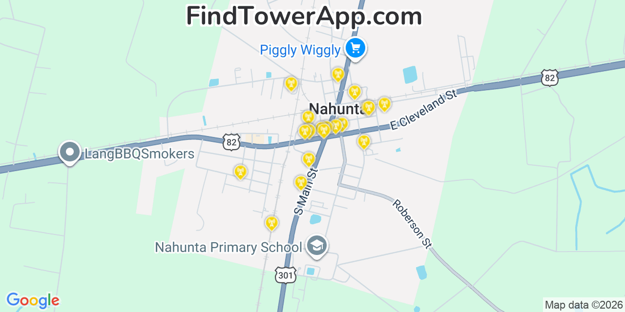 Map showing the 20 primary cell tower locations detected in Nahunta, Georgia from AT&T, Verizon, and T-Mobile networks