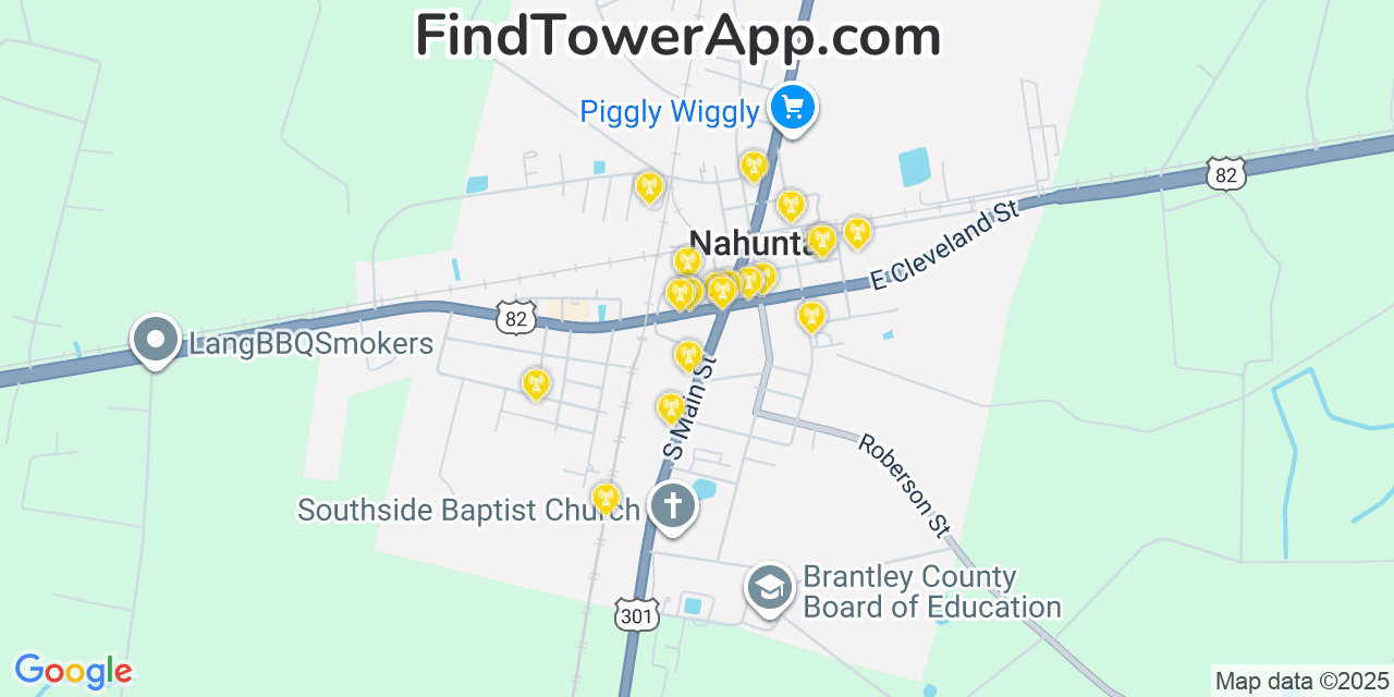 Map showing the 20 primary Mobitel cell tower locations detected in Nahunta, Georgia with coverage radius and signal strength indicators