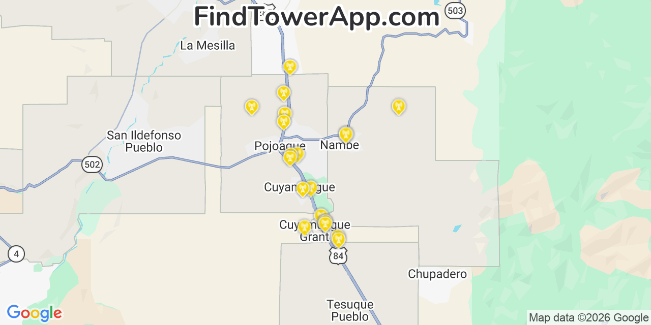 Map showing the 20 primary cell tower locations detected in Nambe, New Mexico from AT&T, Verizon, and T-Mobile networks