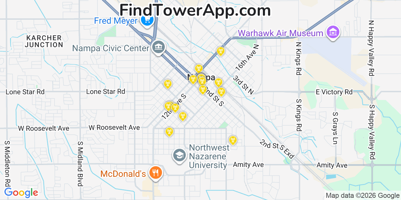 Map showing the 20 primary cell tower locations detected in Nampa, Idaho from AT&T, Verizon, and T-Mobile networks