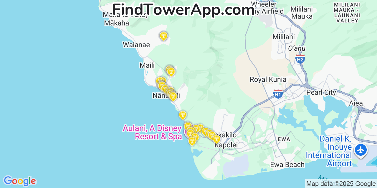 Map showing the 35 primary AT&T cell tower locations detected in Nānākuli, Hawaii with coverage radius and signal strength indicators