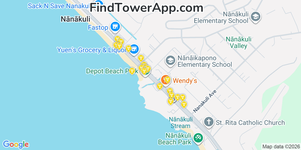 Map showing the 20 primary cell tower locations detected in Nānākuli, Hawaii from AT&T, Verizon, and T-Mobile networks