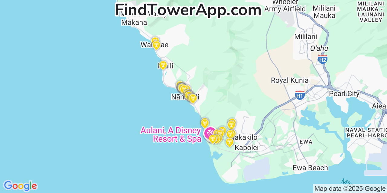 Map showing the 36 primary T-Mobile cell tower locations detected in Nānākuli, Hawaii with coverage radius and signal strength indicators
