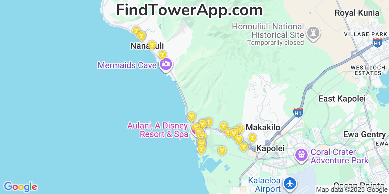 Map showing the 25 primary Verizon cell tower locations detected in Nānākuli, Hawaii with coverage radius and signal strength indicators