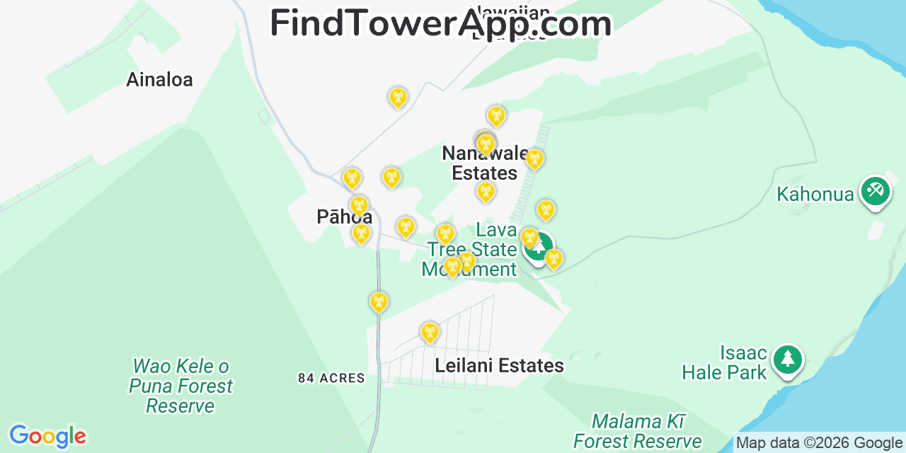 Map showing the 20 primary cell tower locations detected in Nanawale Estates, Hawaii from AT&T, Verizon, and T-Mobile networks