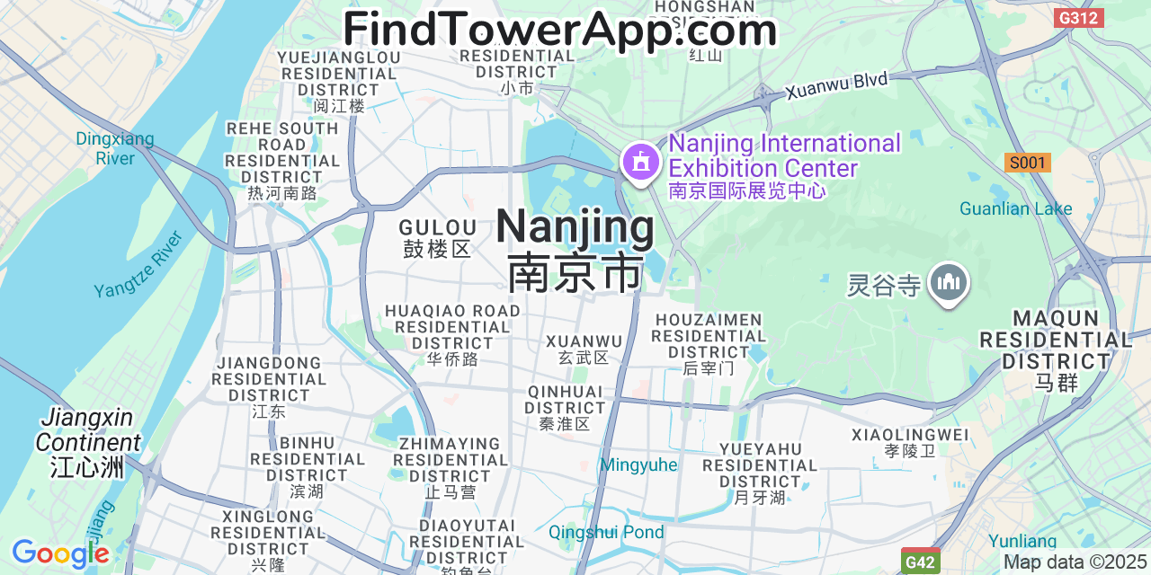 Map showing the 0 primary China-Mobile cell tower locations detected in Nanjing, China with coverage radius and signal strength indicators