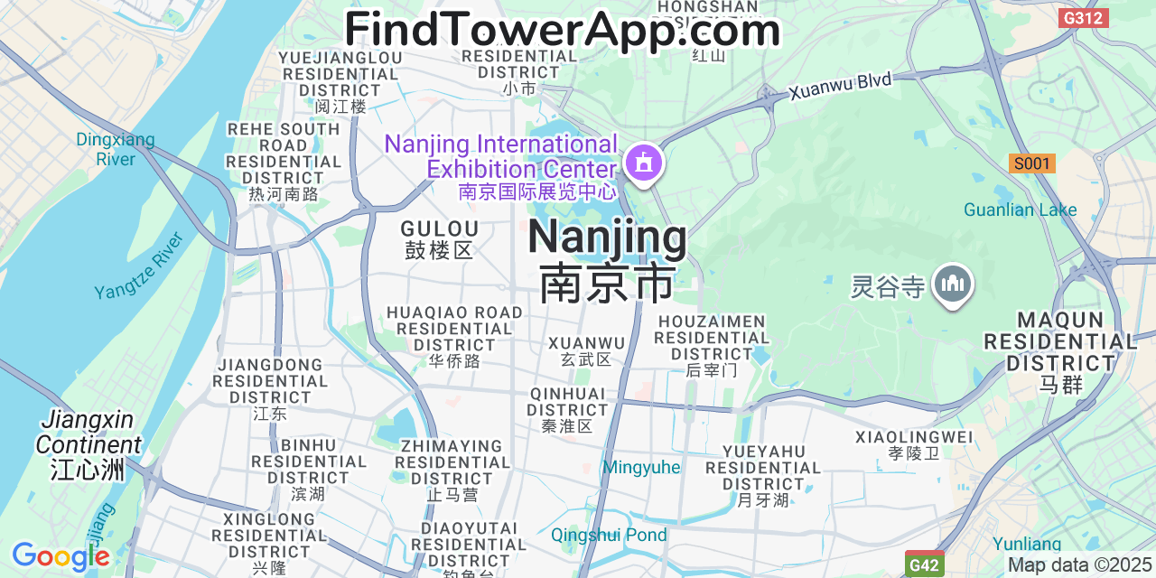 Map showing the 0 primary China-Telecom cell tower locations detected in Nanjing, China with coverage radius and signal strength indicators