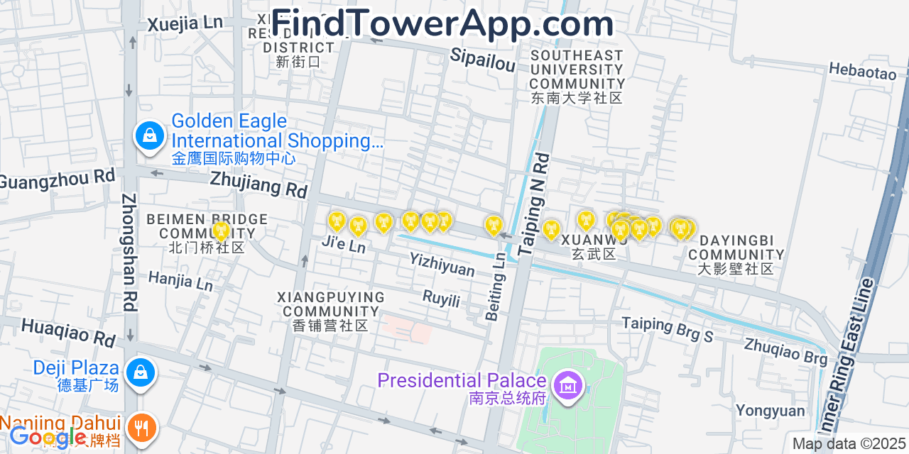 Map showing the 20 primary cell tower locations detected in Nanjing, China with coverage areas and signal strength