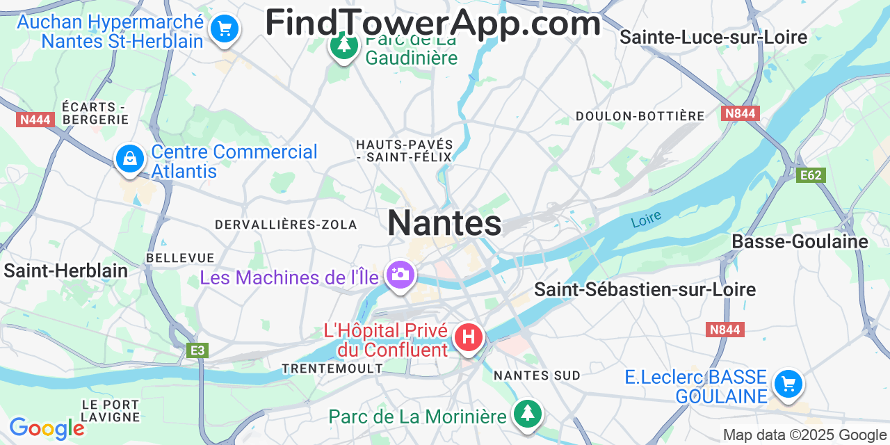 Map showing the 0 primary Iliad cell tower locations detected in Nantes, France with coverage radius and signal strength indicators