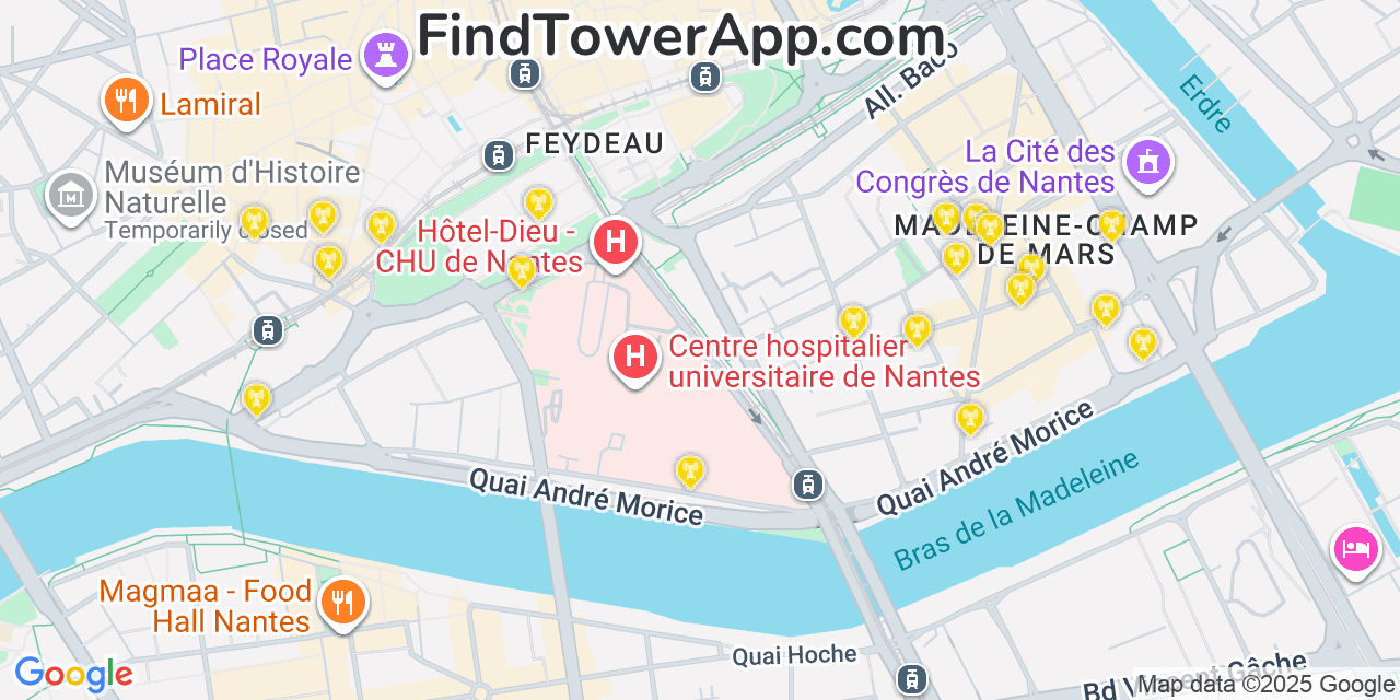 Map showing the 20 primary cell tower locations detected in Nantes, France with coverage areas and signal strength