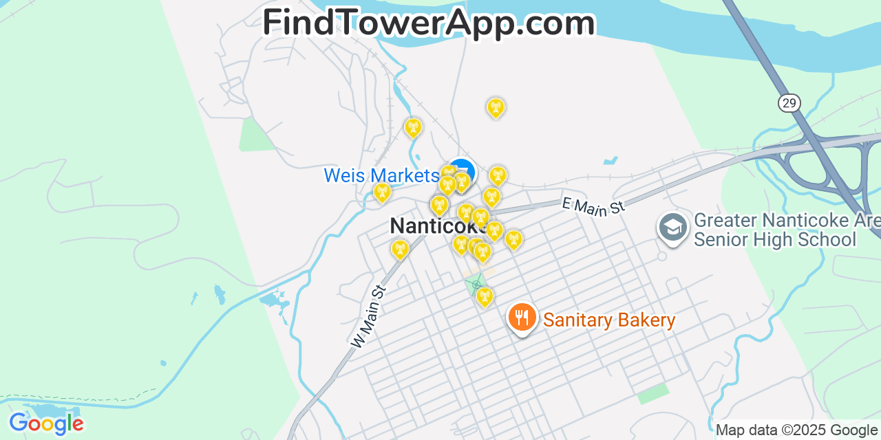 Map showing the 20 primary cell tower locations detected in Nanticoke, Pennsylvania from AT&T, Verizon, and T-Mobile networks