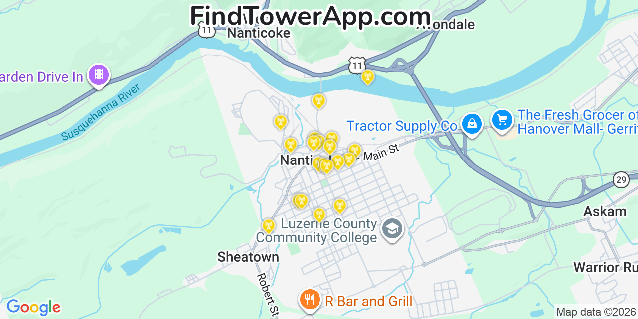 Map showing the 20 primary cell tower locations detected in Nanticoke, Pennsylvania from AT&T, Verizon, and T-Mobile networks