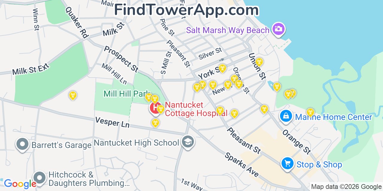 Map showing the 20 primary cell tower locations detected in Nantucket, Massachusetts from AT&T, Verizon, and T-Mobile networks