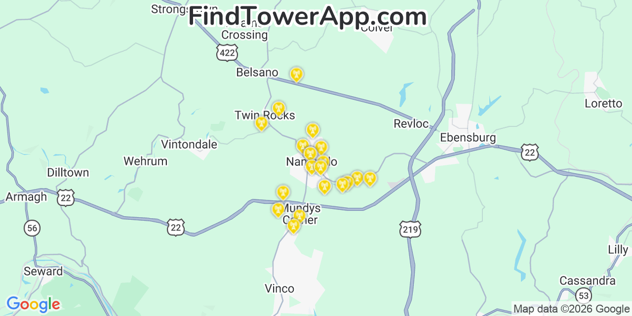 Map showing the 20 primary cell tower locations detected in Nanty Glo, Pennsylvania from AT&T, Verizon, and T-Mobile networks