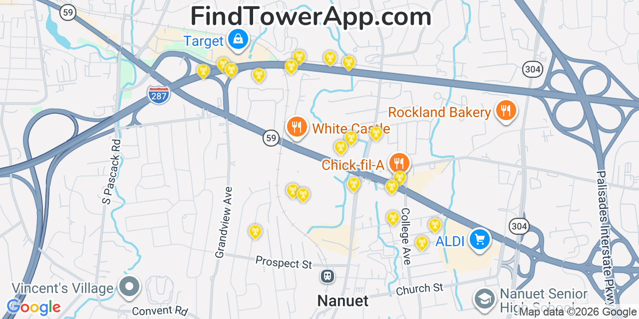 Map showing the 20 primary cell tower locations detected in Nanuet, New York from AT&T, Verizon, and T-Mobile networks