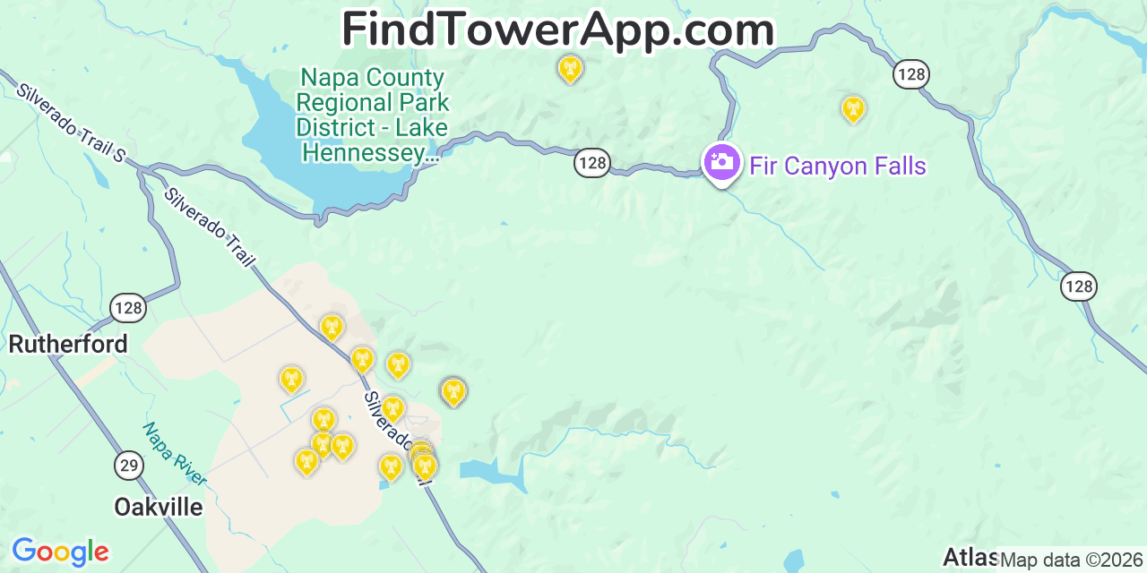 Map showing the 20 primary cell tower locations detected in Napa, California from AT&T, Verizon, and T-Mobile networks