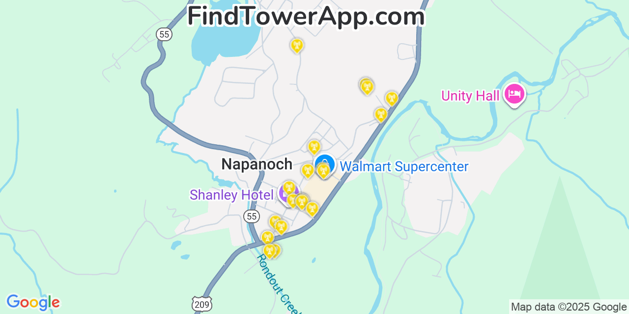 Map showing the 20 primary cell tower locations detected in Napanoch, New York from AT&T, Verizon, and T-Mobile networks