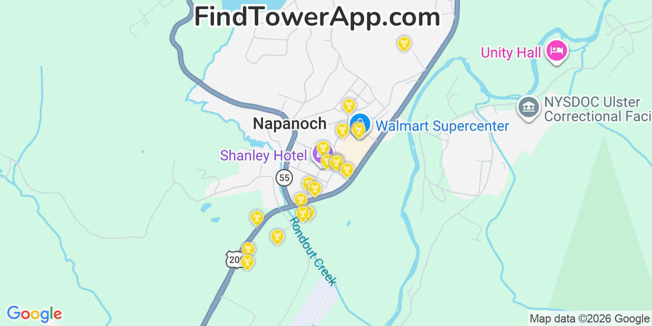 Map showing the 20 primary cell tower locations detected in Napanoch, New York from AT&T, Verizon, and T-Mobile networks