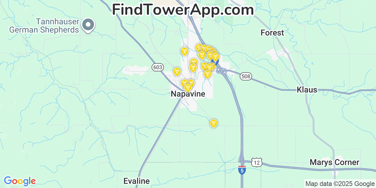 Map showing the 20 primary cell tower locations detected in Napavine, Washington from AT&T, Verizon, and T-Mobile networks