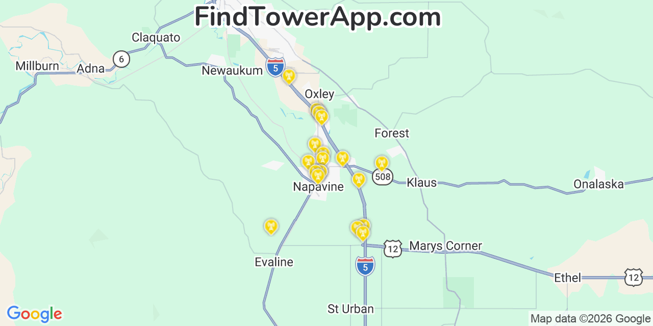 Map showing the 20 primary cell tower locations detected in Napavine, Washington from AT&T, Verizon, and T-Mobile networks