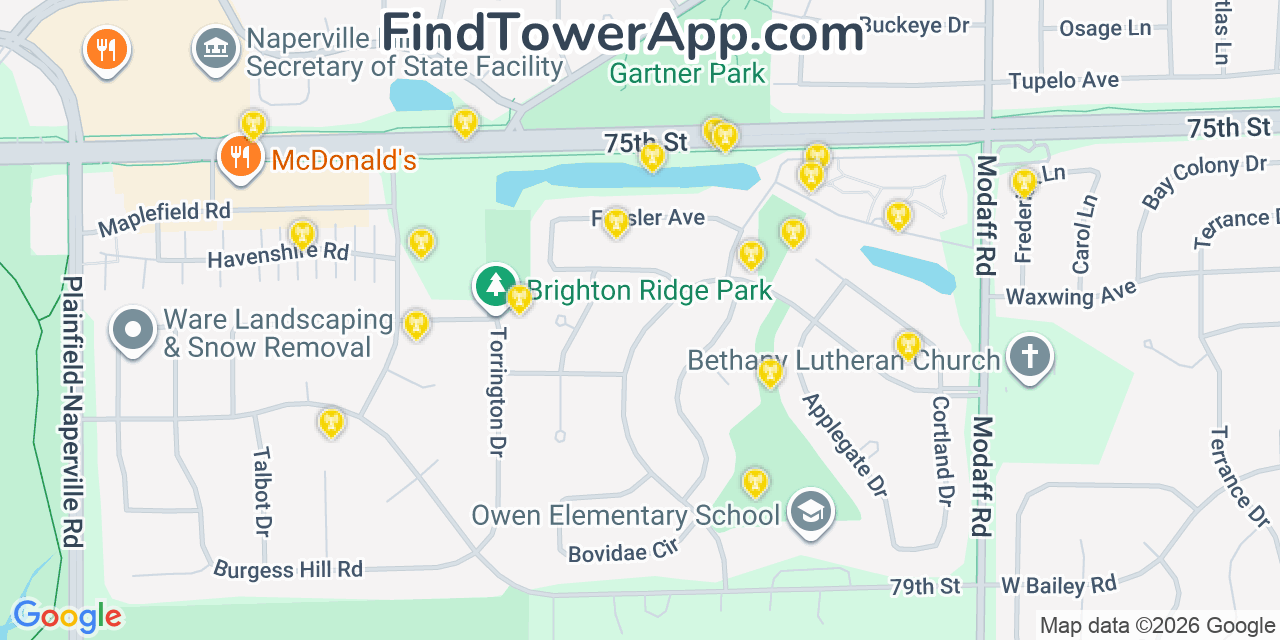 Map showing the 20 primary cell tower locations detected in Naperville, Illinois from AT&T, Verizon, and T-Mobile networks