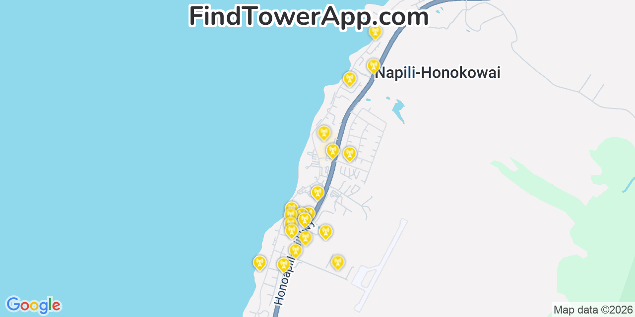 Map showing the 20 primary cell tower locations detected in Napili Honokowai, Hawaii from AT&T, Verizon, and T-Mobile networks
