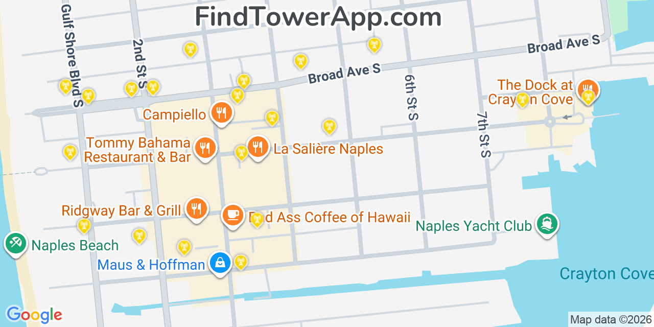 Map showing the 20 primary cell tower locations detected in Naples, Florida from AT&T, Verizon, and T-Mobile networks