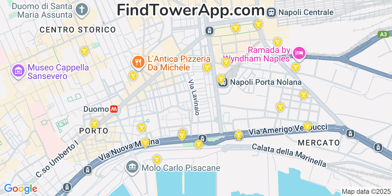 Map showing the 20 primary cell tower locations detected in Naples, Italy with coverage areas and signal strength