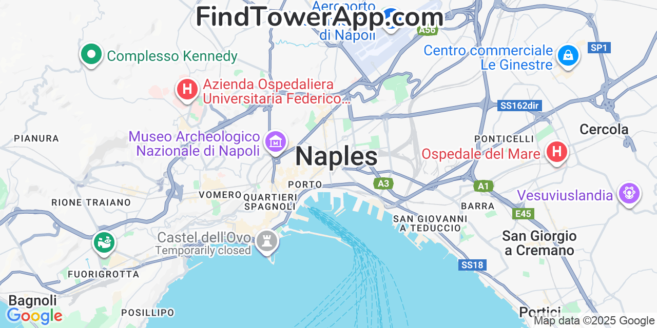 Map showing the 0 primary TIM cell tower locations detected in Naples, Italy with coverage radius and signal strength indicators