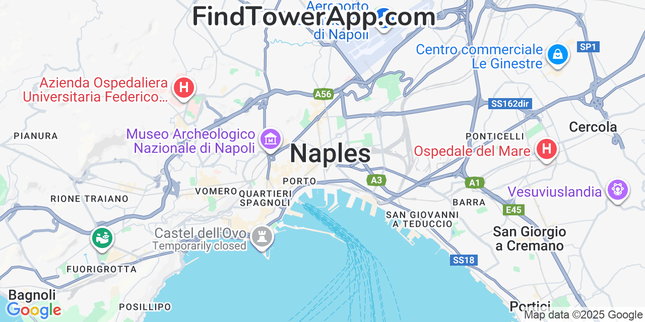 Map showing the 0 primary WindTre cell tower locations detected in Naples, Italy with coverage radius and signal strength indicators