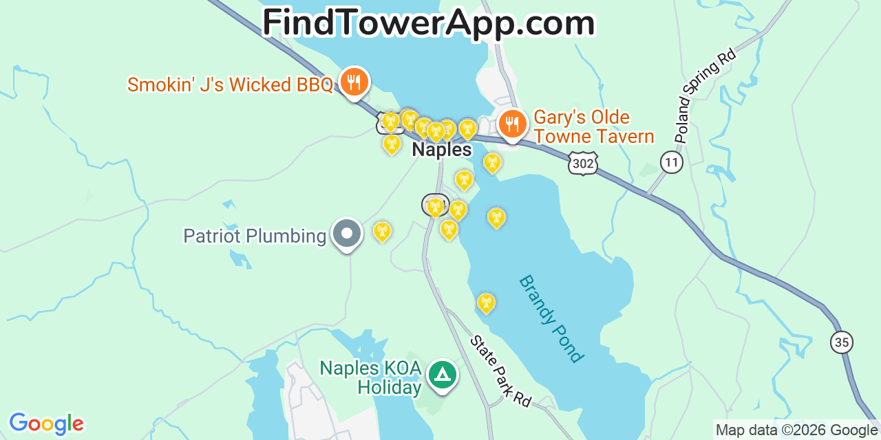 Map showing the 20 primary cell tower locations detected in Naples, Maine from AT&T, Verizon, and T-Mobile networks