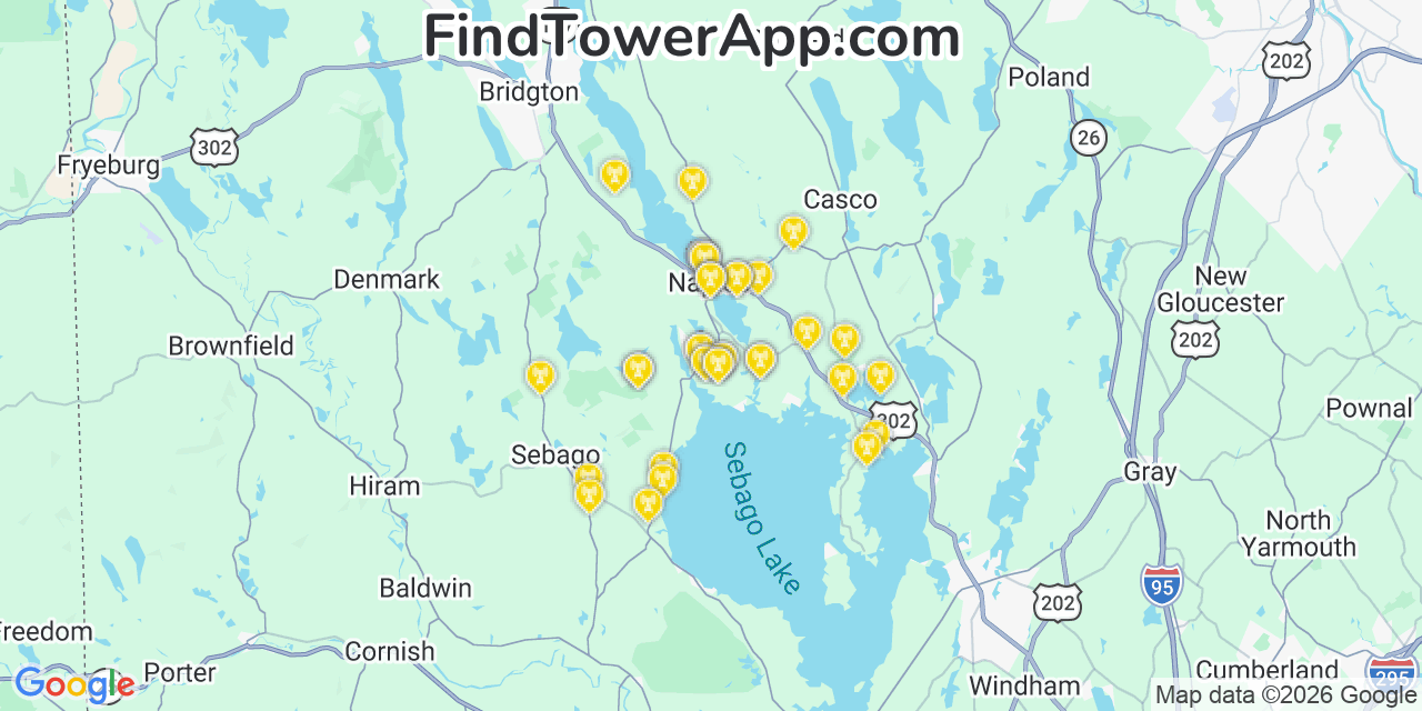 Map showing the 37 primary T-Mobile cell tower locations detected in Naples, Maine with coverage radius and signal strength indicators