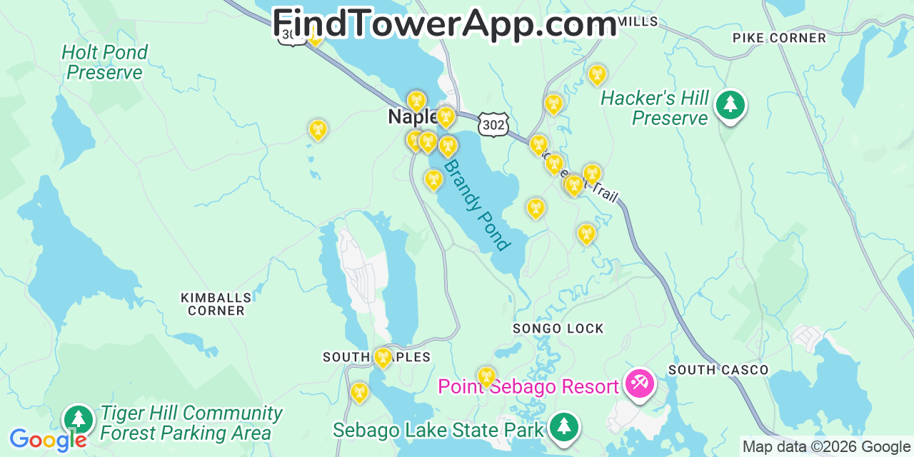 Map showing the 25 primary Verizon cell tower locations detected in Naples, Maine with coverage radius and signal strength indicators