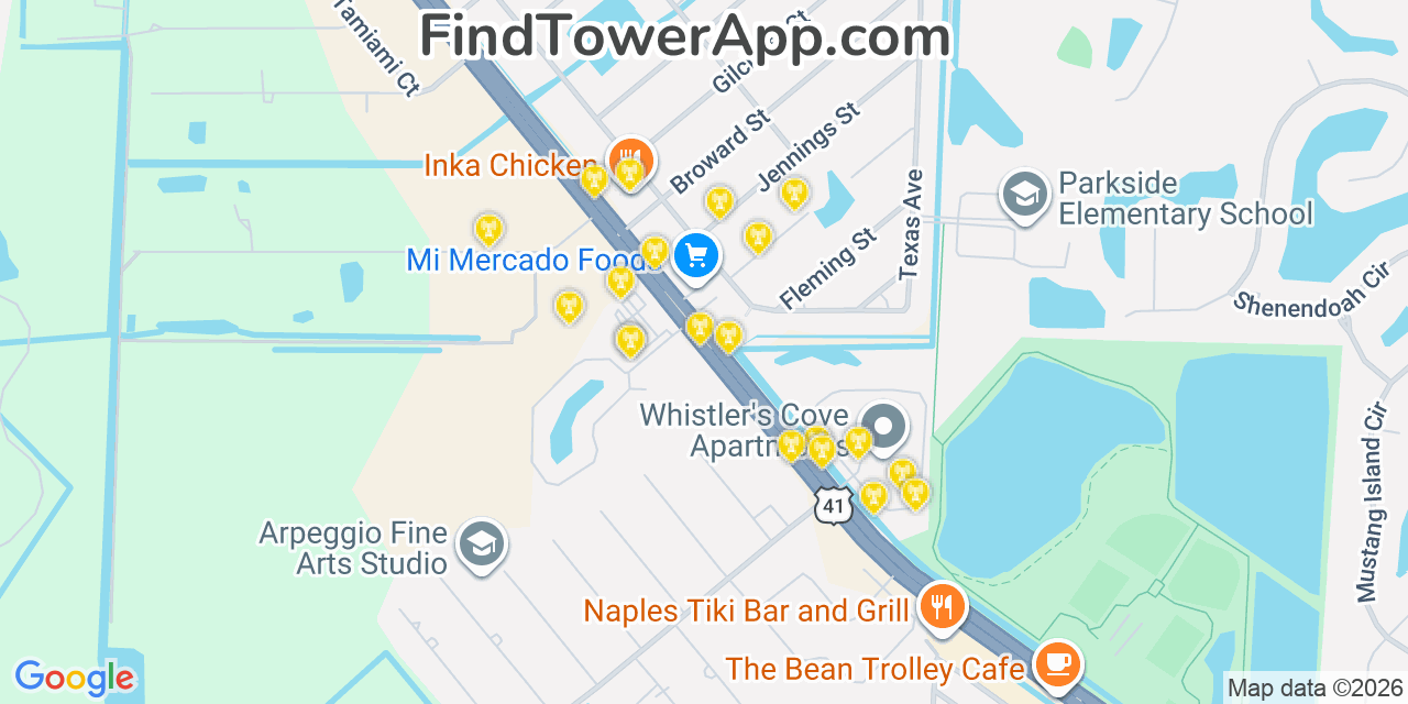 Map showing the 20 primary cell tower locations detected in Naples Manor, Florida from AT&T, Verizon, and T-Mobile networks