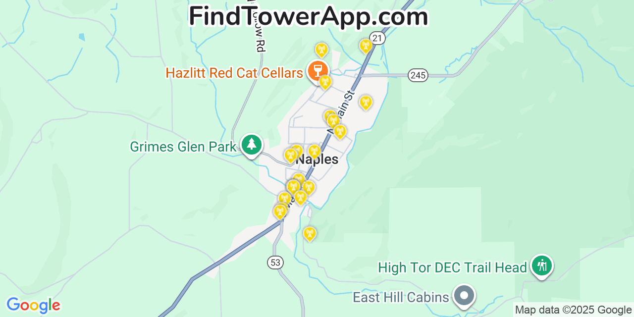 Map showing the 20 primary cell tower locations detected in Naples, New York from AT&T, Verizon, and T-Mobile networks