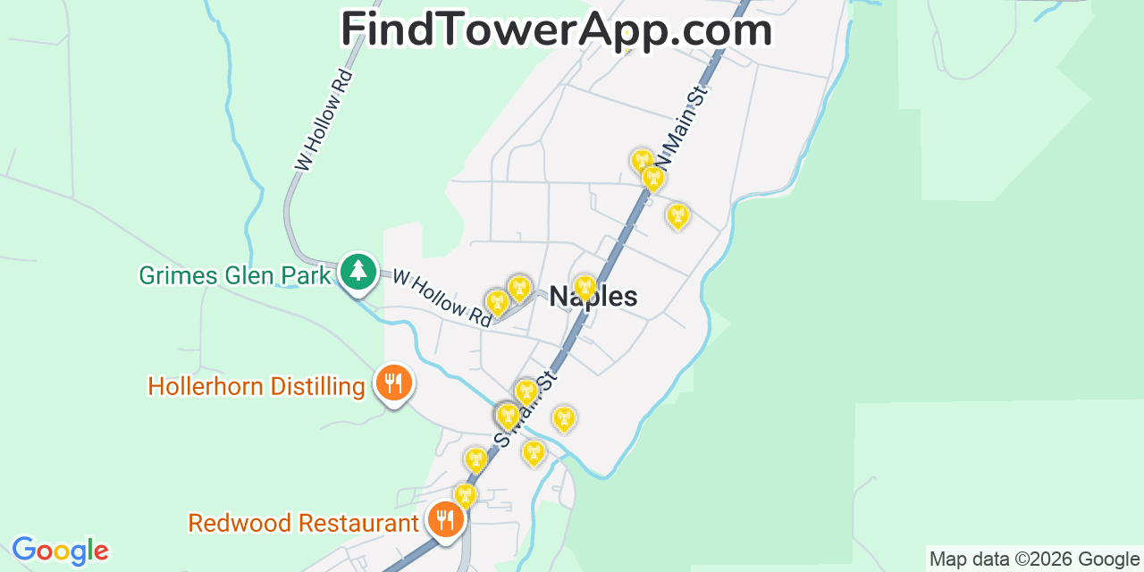 Map showing the 20 primary cell tower locations detected in Naples, New York from AT&T, Verizon, and T-Mobile networks