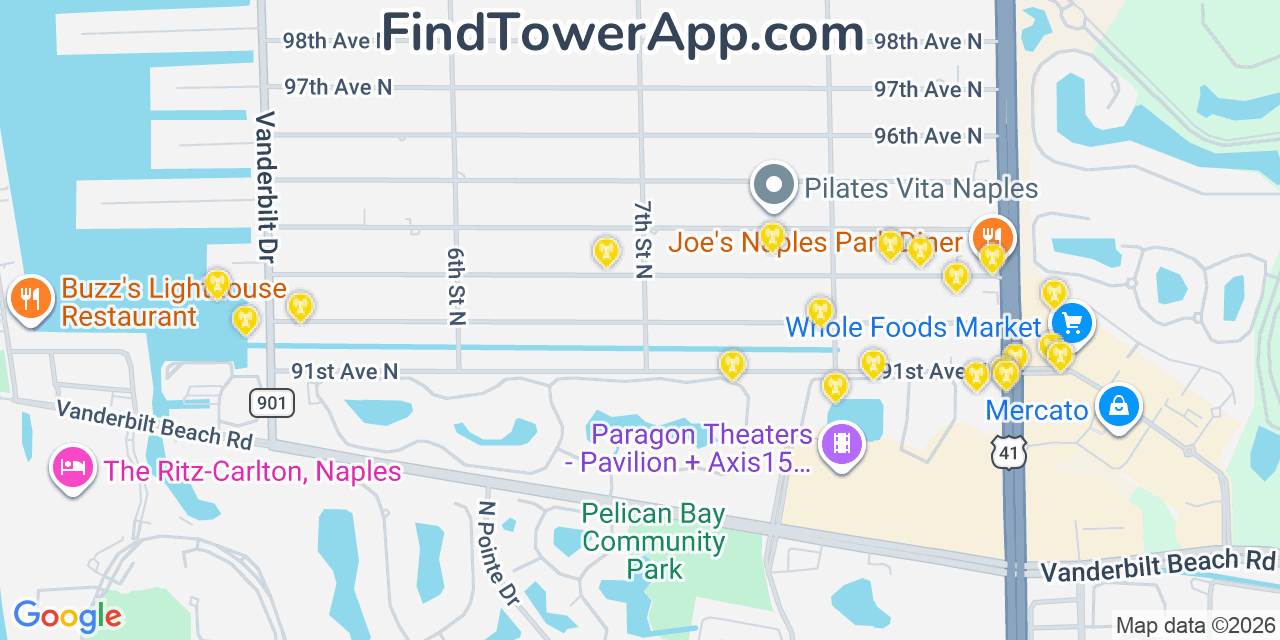 Map showing the 20 primary cell tower locations detected in Naples Park, Florida from AT&T, Verizon, and T-Mobile networks