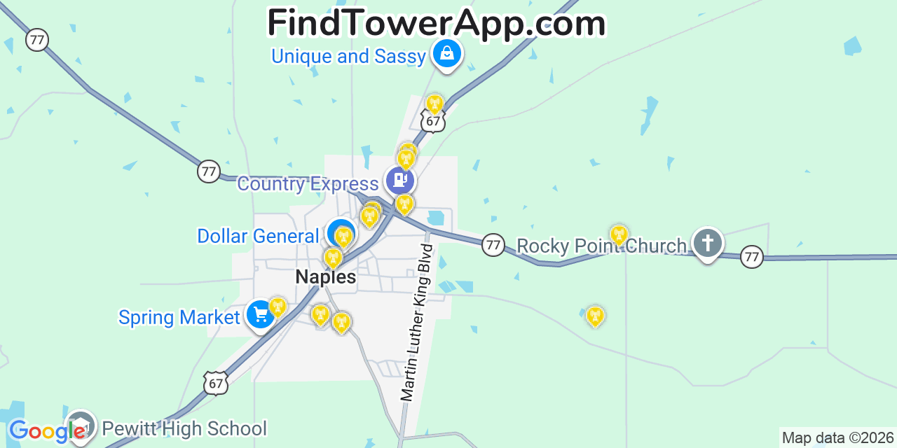Map showing the 20 primary cell tower locations detected in Naples, Texas from AT&T, Verizon, and T-Mobile networks