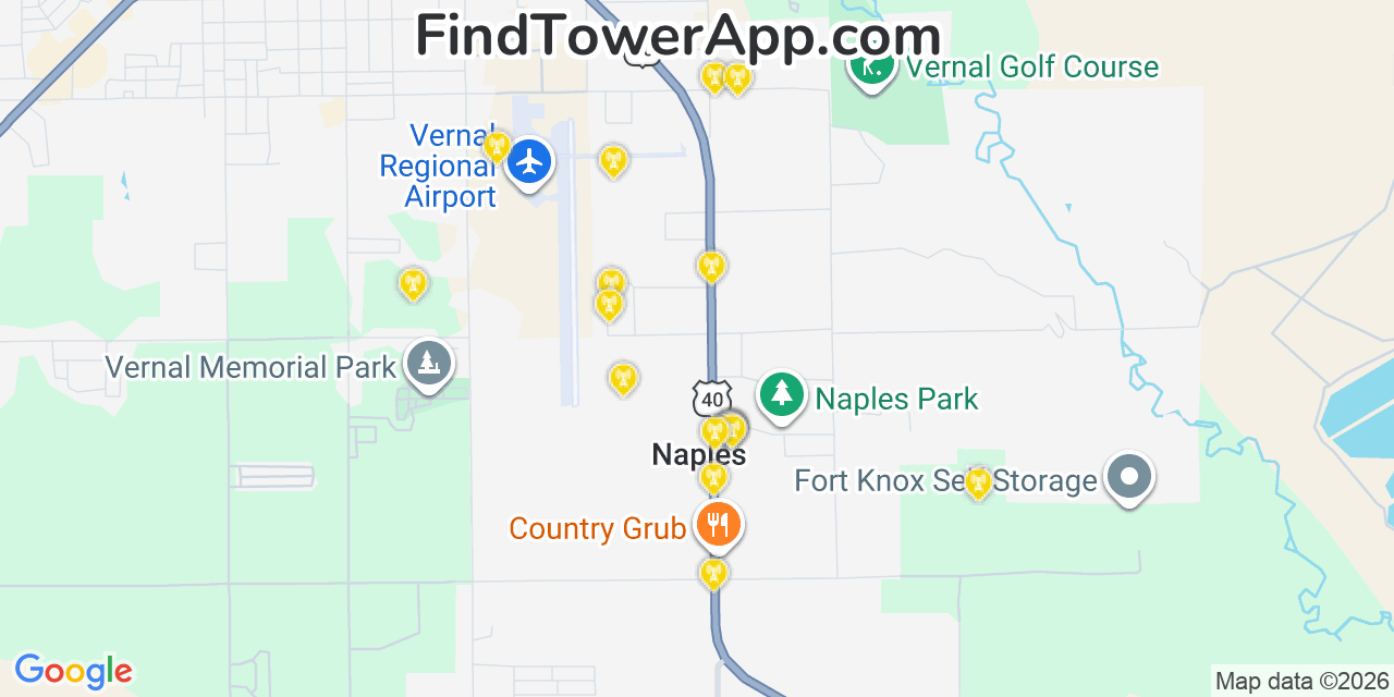 Map showing the 20 primary cell tower locations detected in Naples, Utah from AT&T, Verizon, and T-Mobile networks