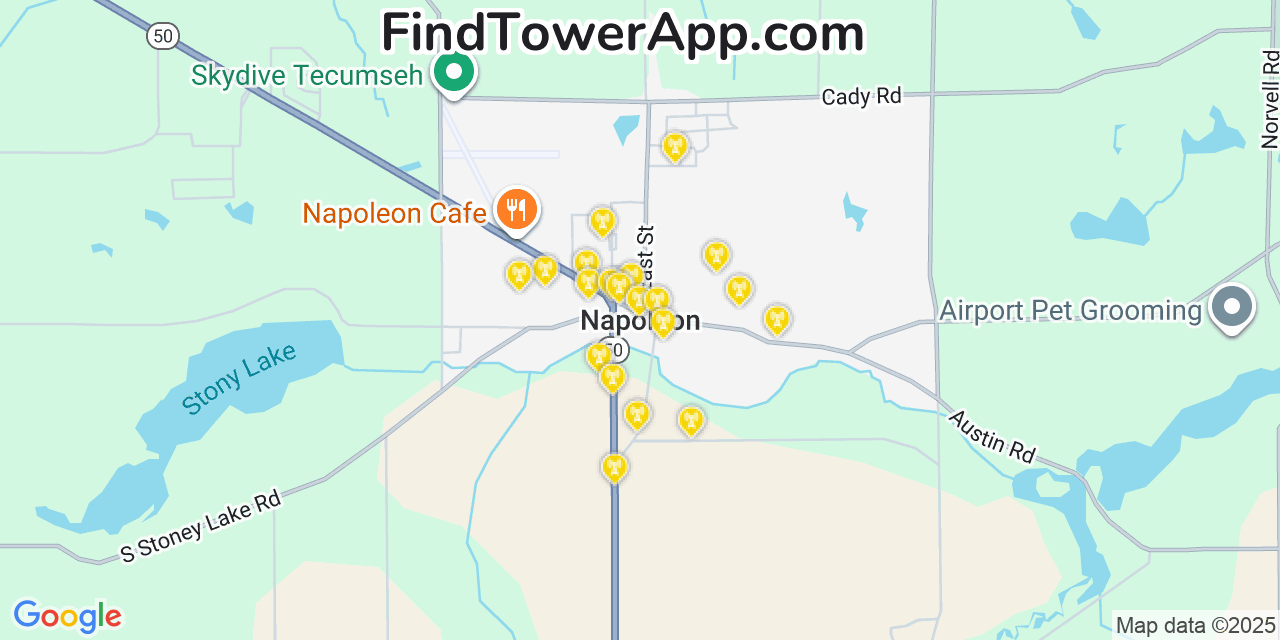 Map showing the 20 primary cell tower locations detected in Napoleon, Michigan from AT&T, Verizon, and T-Mobile networks