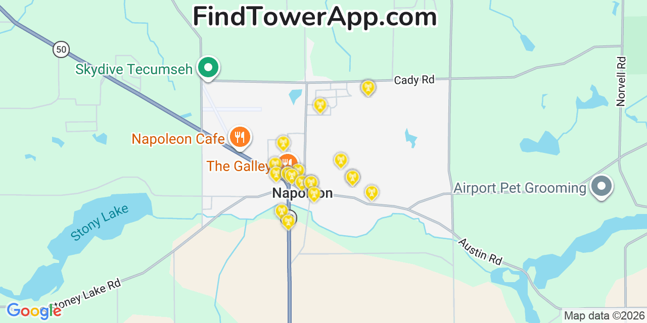 Map showing the 20 primary cell tower locations detected in Napoleon, Michigan from AT&T, Verizon, and T-Mobile networks