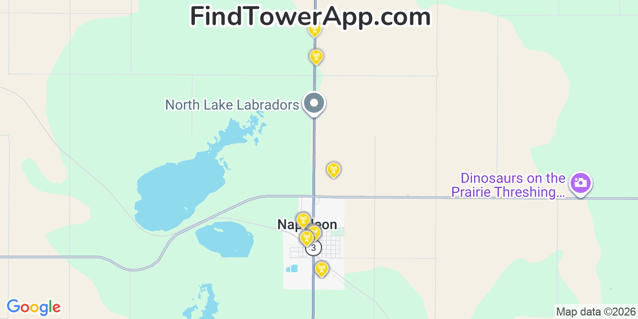 Map showing the 20 primary cell tower locations detected in Napoleon, North Dakota from AT&T, Verizon, and T-Mobile networks