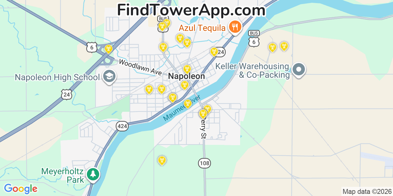 Map showing the 20 primary cell tower locations detected in Napoleon, Ohio from AT&T, Verizon, and T-Mobile networks