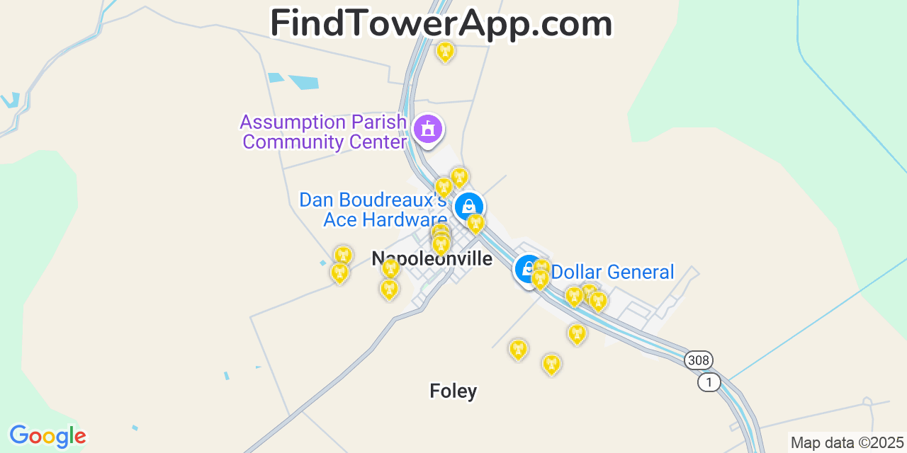 Map showing the 20 primary cell tower locations detected in Napoleonville, Louisiana from AT&T, Verizon, and T-Mobile networks