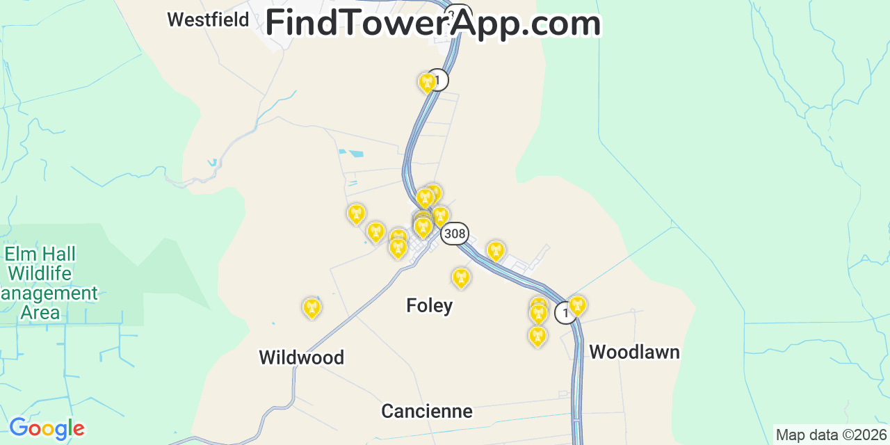 Map showing the 20 primary cell tower locations detected in Napoleonville, Louisiana from AT&T, Verizon, and T-Mobile networks