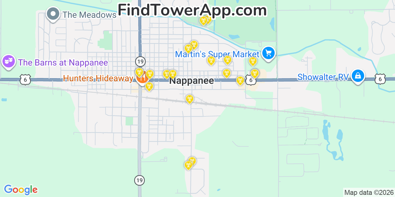 Map showing the 20 primary cell tower locations detected in Nappanee, Indiana from AT&T, Verizon, and T-Mobile networks