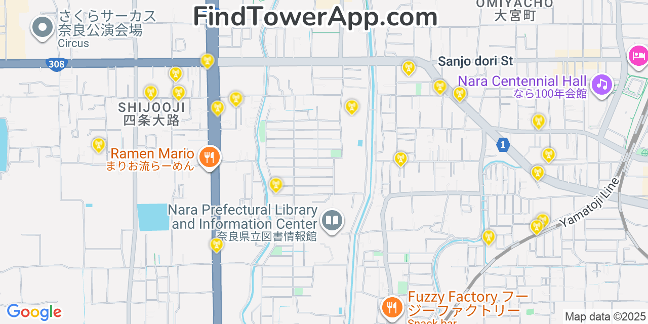 Map showing the 20 primary cell tower locations detected in Nara, Japan with coverage areas and signal strength