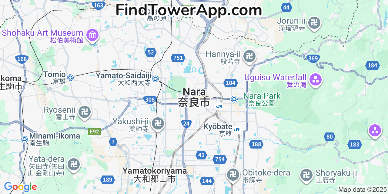 Map showing the 0 primary SoftBank cell tower locations detected in Nara, Japan with coverage radius and signal strength indicators