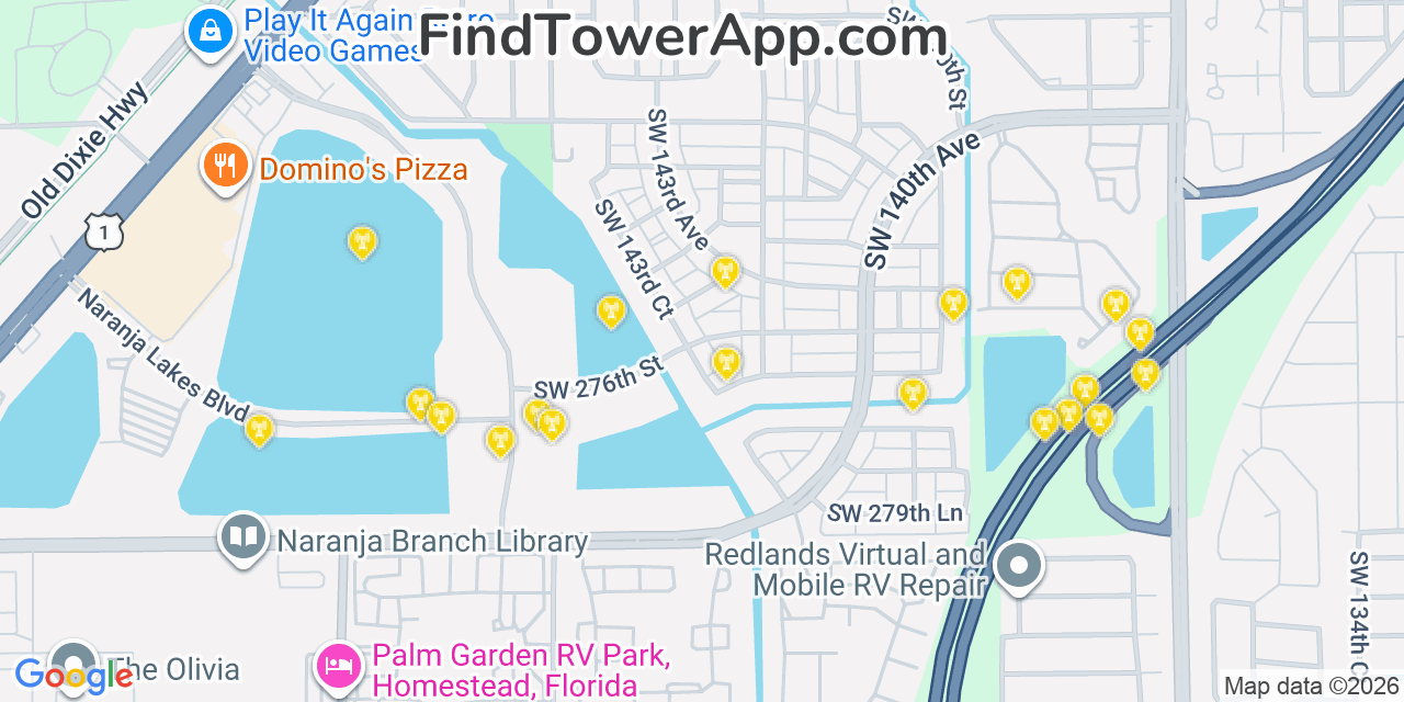 Map showing the 20 primary cell tower locations detected in Naranja, Florida from AT&T, Verizon, and T-Mobile networks